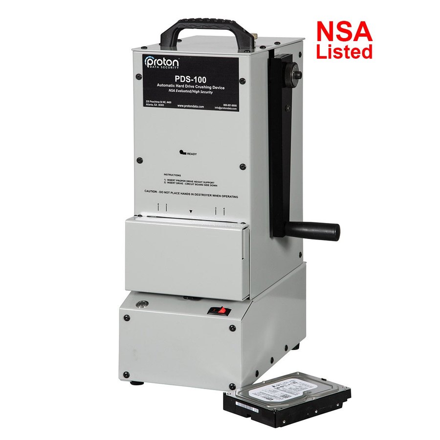 PDS-100 NSA CSS evaluated automatic hard drive crusher with manual crank handle