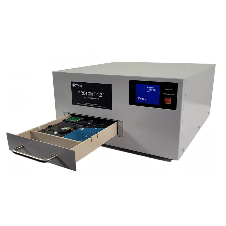 Proton T-1.2 hard drive degausser with drawer open